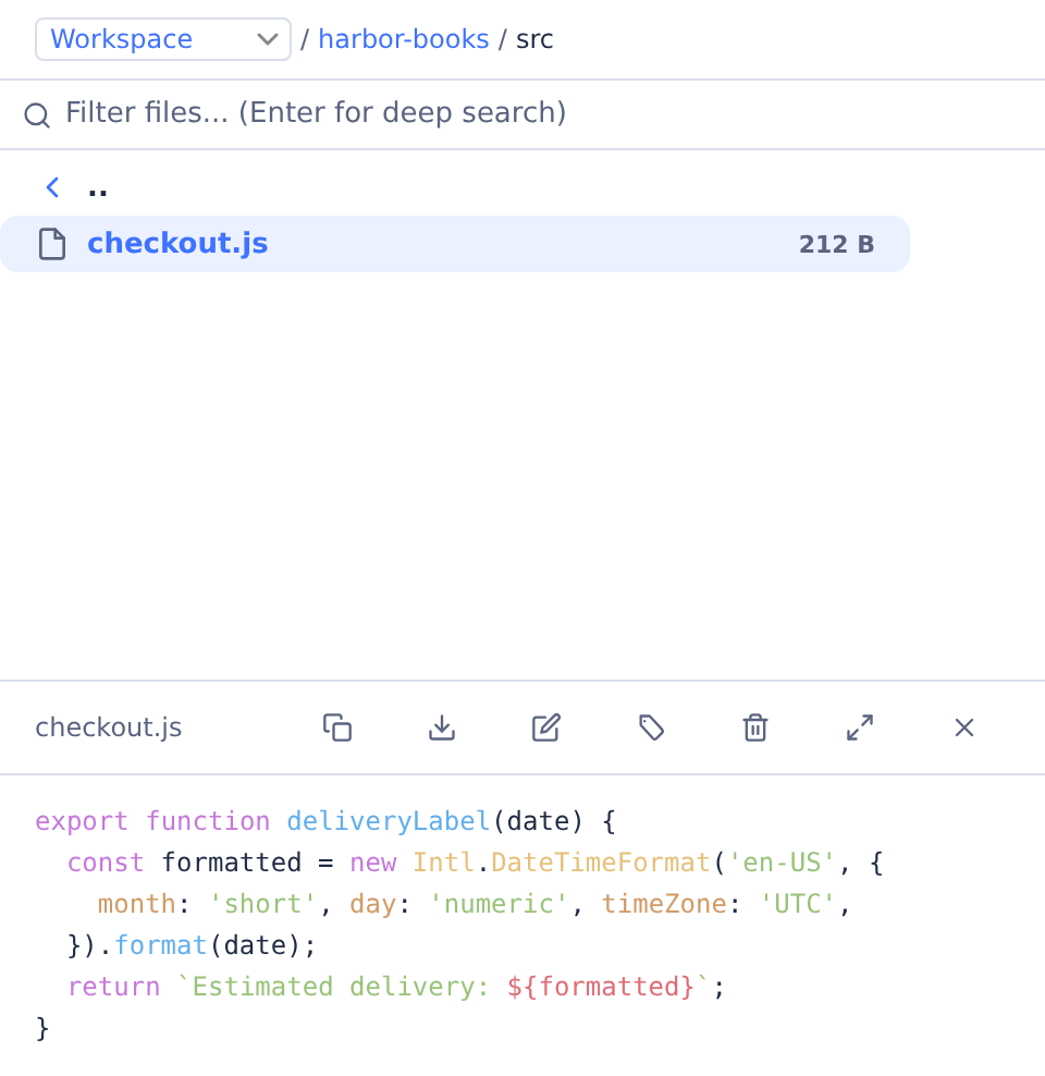 File Browser open to Harbor Books checkout.js with file contents and editing controls