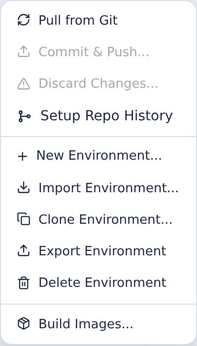 Environment actions menu with Import Environment and Export Environment entries