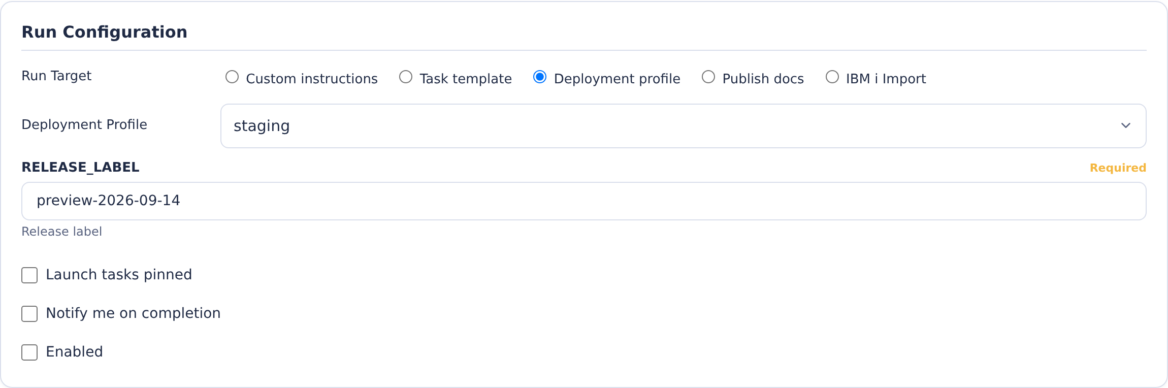 Environment automation run targets with Deployment profile selected and staging release parameters