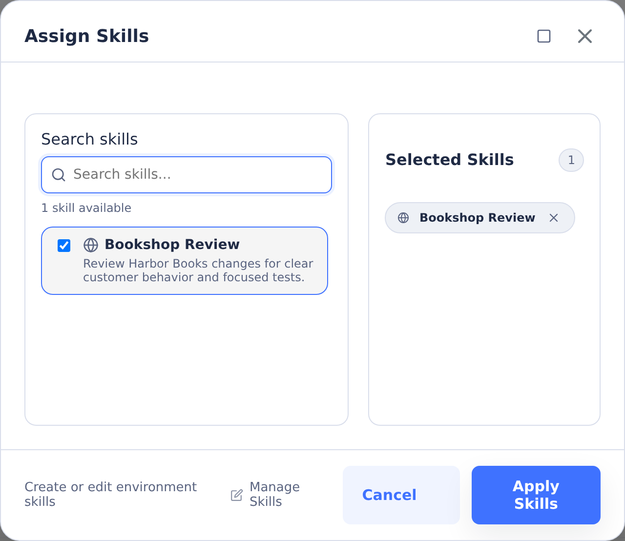 Assign Skills dialog with Bookshop Review selected for Harbor Books