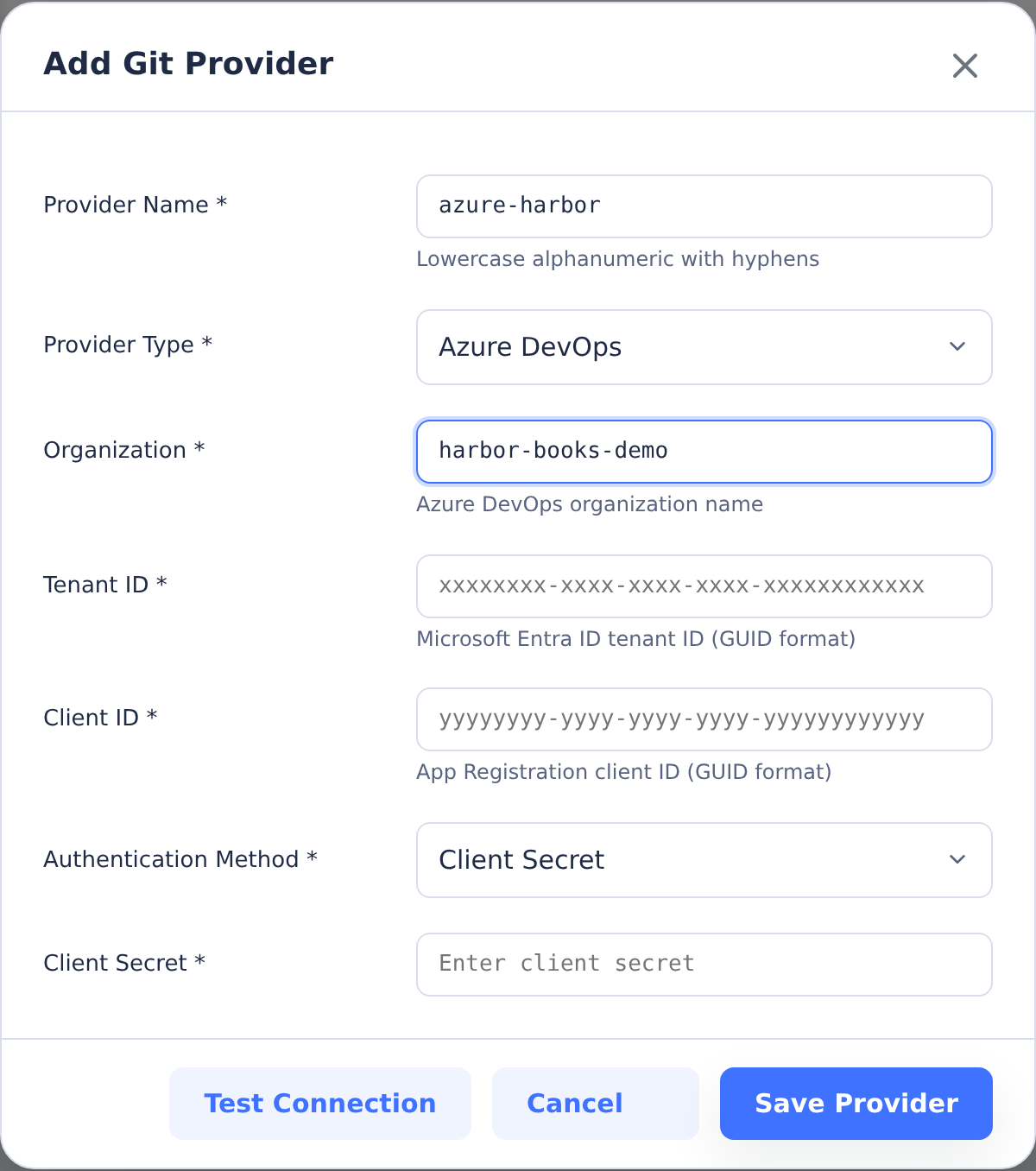 Azure DevOps provider form with Harbor Books organization and empty credential fields