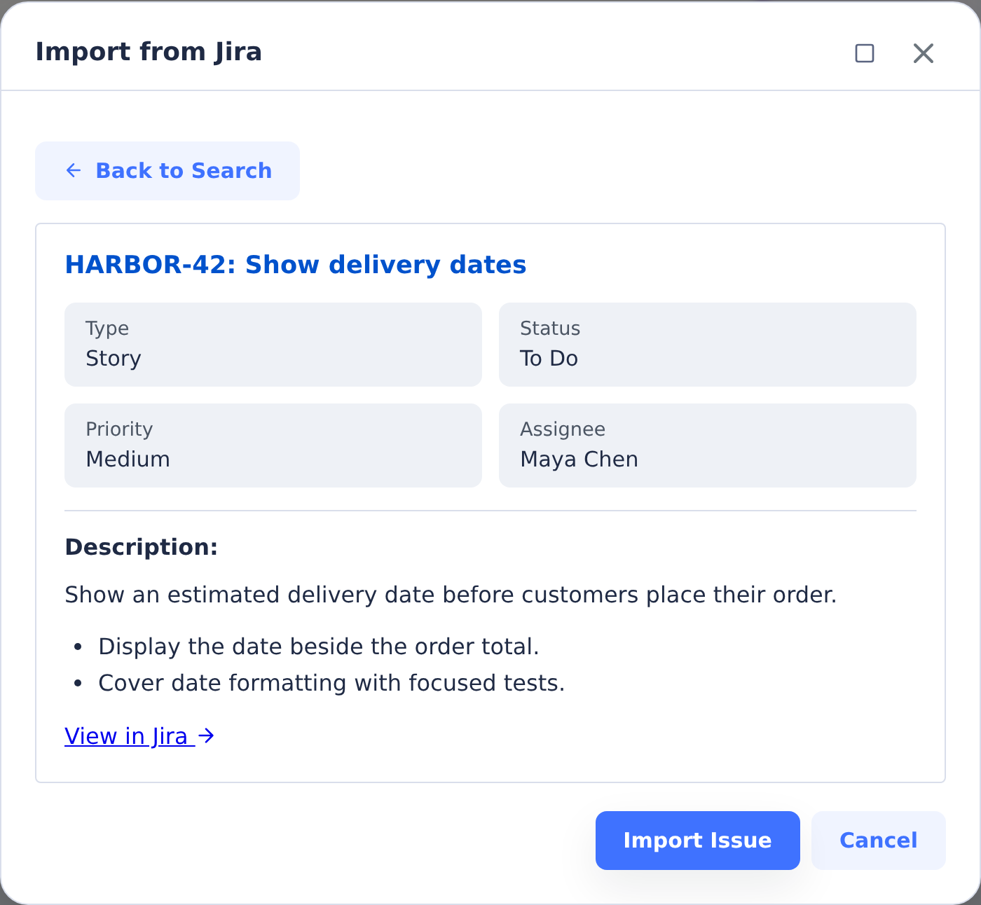 Import from Jira preview of HARBOR-42 with delivery-date requirements, status and assignee
