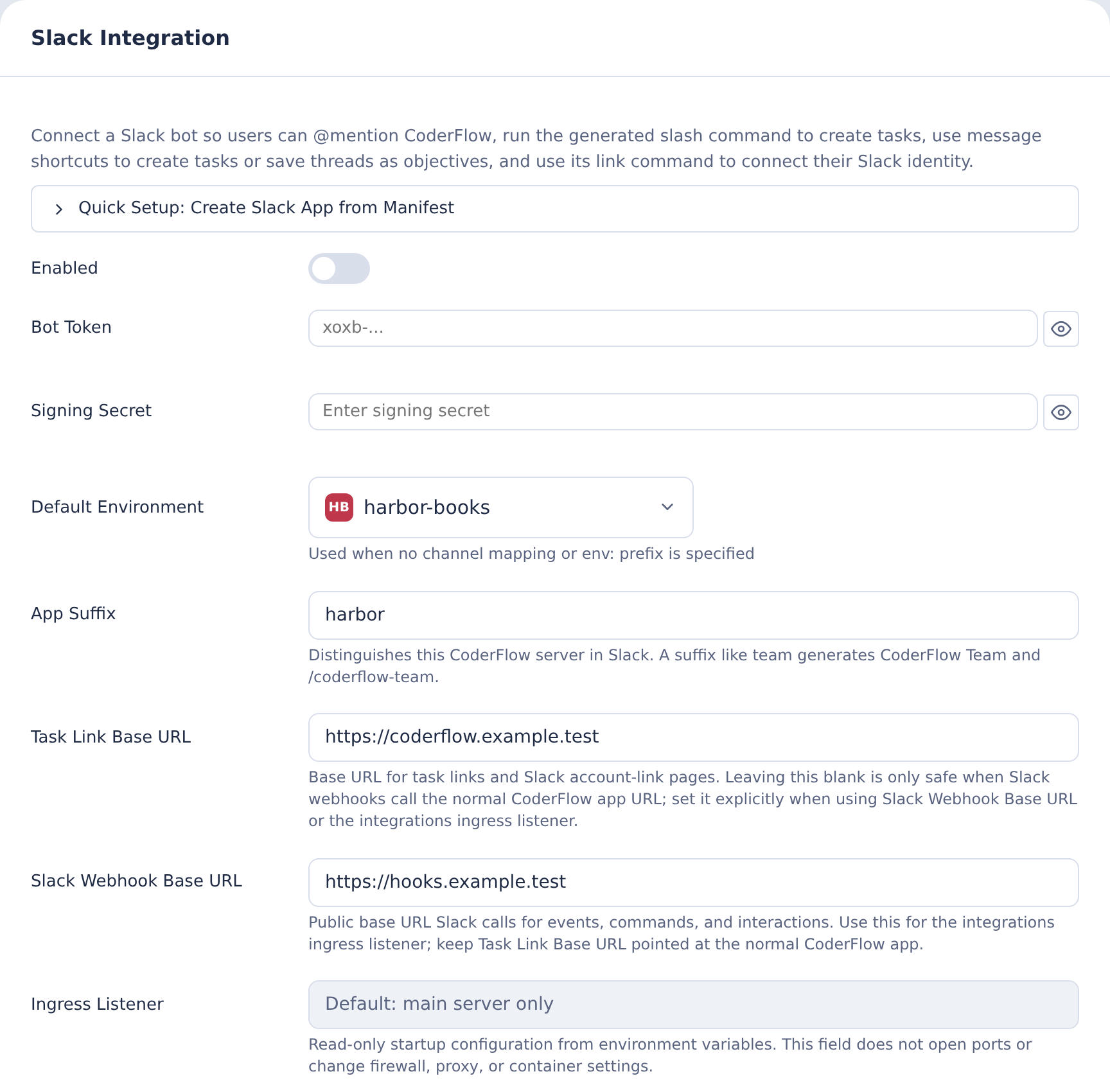Slack settings with empty credentials, Harbor Books environment and integration off